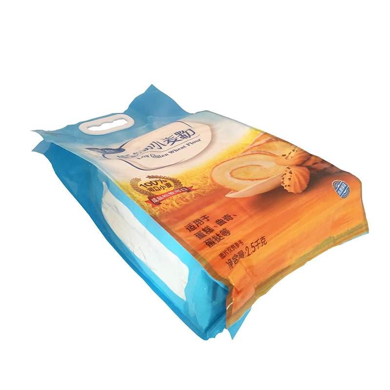 Customized 8 Sides Sealed Plastic Food Pouch, Handle Hang Flat Bottom Transparent Window Wheat Flour Packaging