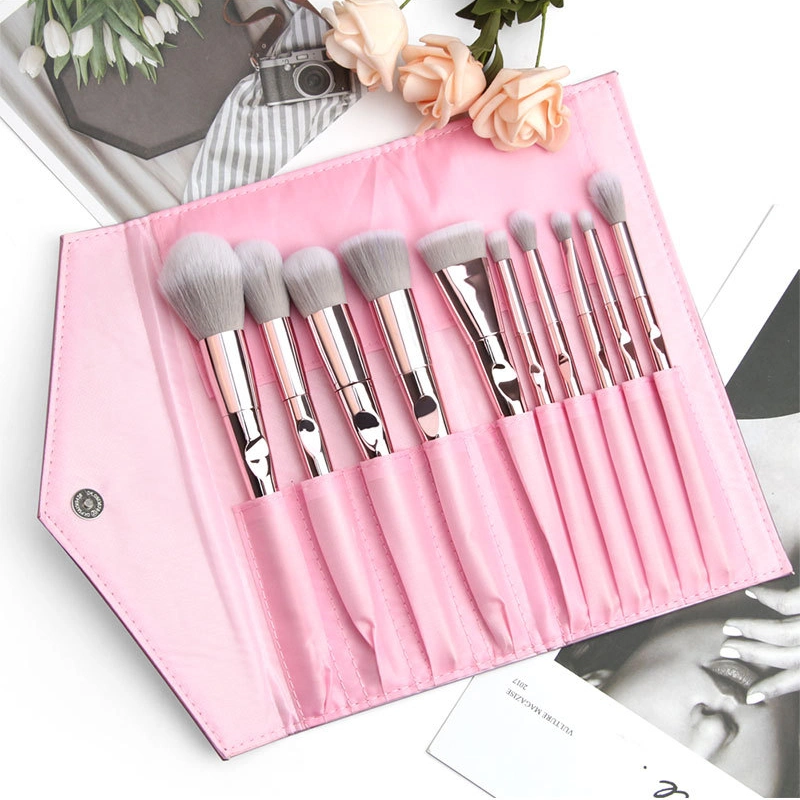 10 pcs Electroplate Pink Makeup (10 أجزاء من الملابس الوردية) فرش الشعر الخاص التسمية Premium التركيبي الشعر مجموعة فرشاة تجميلية