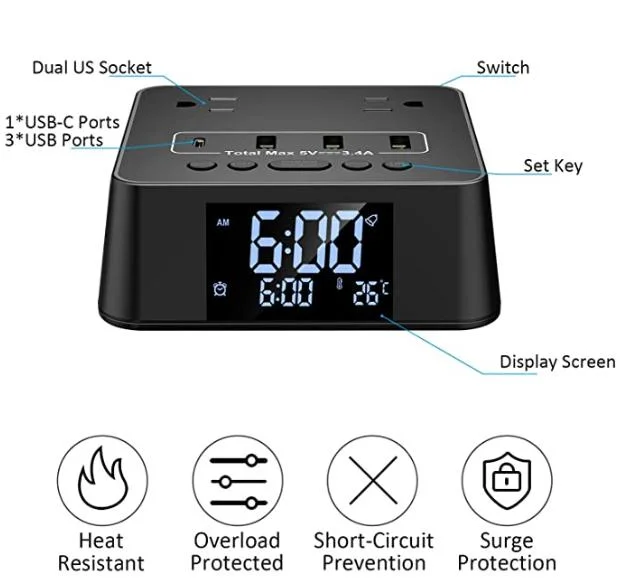 Reloj despertador Regleta Protector Socket 2 tomacorrientes de CA 3 puertos USB a USB y 1 puerto C, 6m Cable para el dormitorio, dormitorio, Hotel