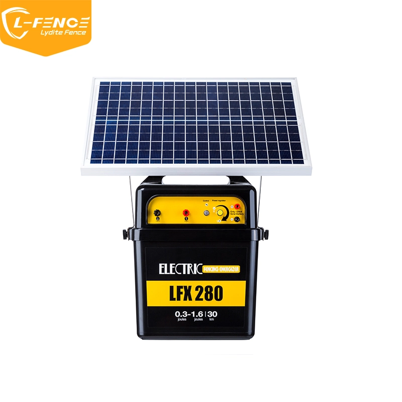 Lydite 30km Farm Fence Controller High Voltage 0.3-1.6joules Electric Fence Energizer with 25W Solar Panel for Sheep/Cattle/Horse