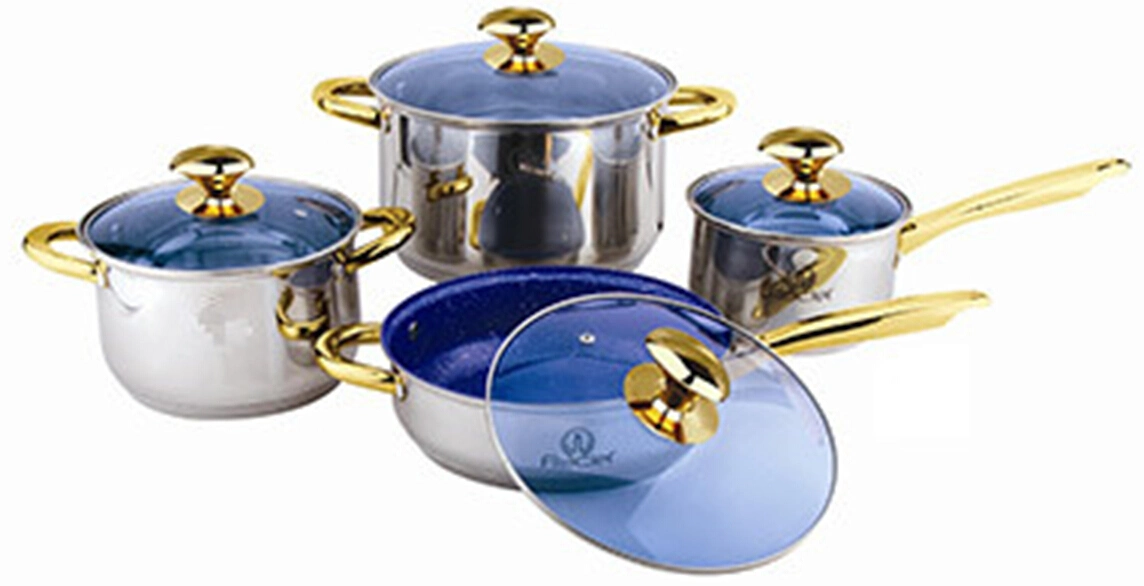 Großhandel/Lieferant 12pcs Edelstahl Kochgeschirr Set mit goldenen Griffen und blauen Glasdeckel, wirtschaftliche Küchenutensilien geeignet für alle Kochfelder mit Töpfen und Pfannen