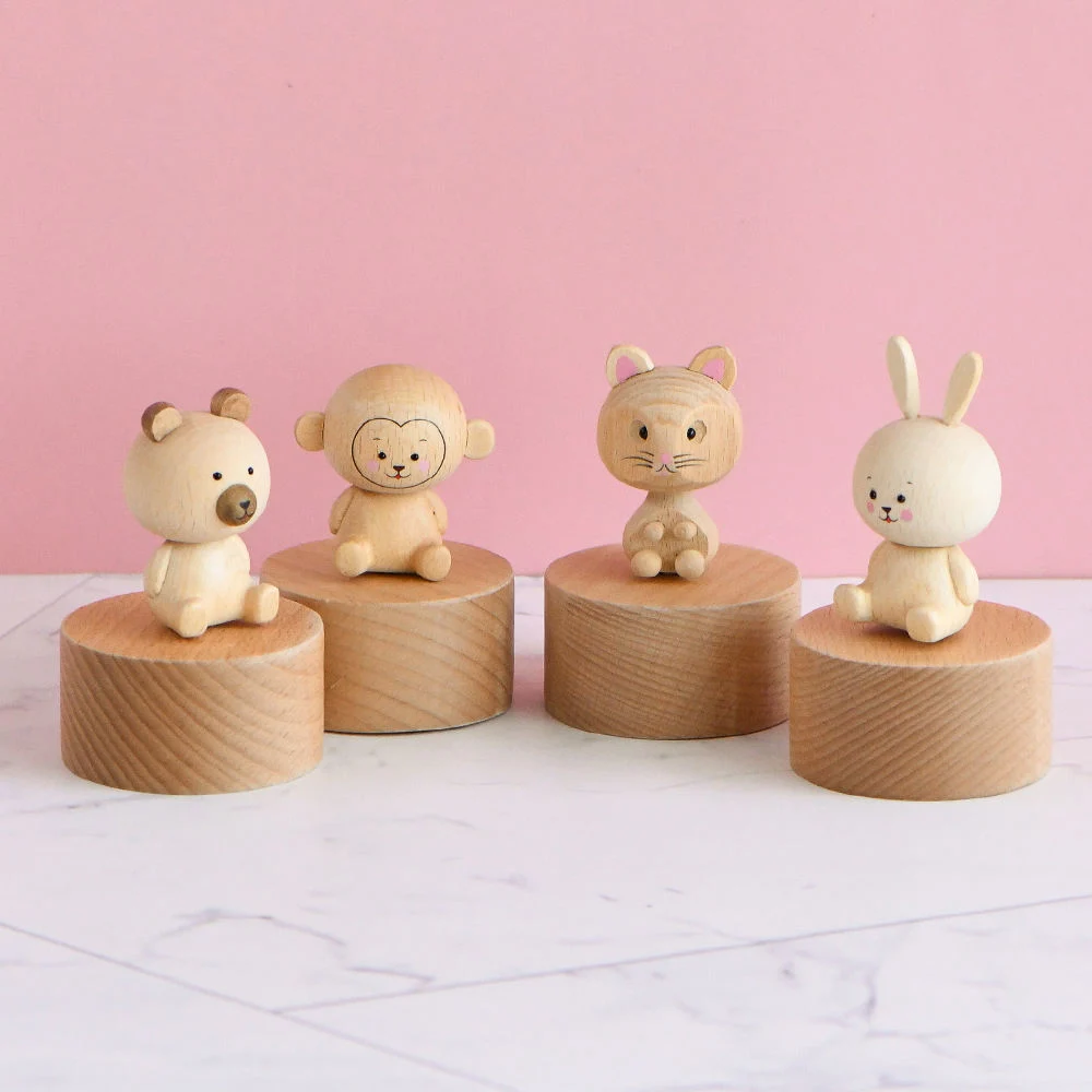 Creative Cute Animals Wind up Customized Song Wood Mini Music Box for Gifts