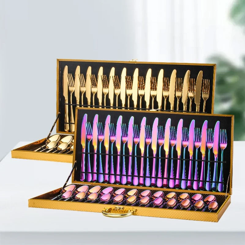 Small MOQ 16PCS, 24PCS Shiny Gold Plated Stainless Steel Cutlery Set with Wooden Case