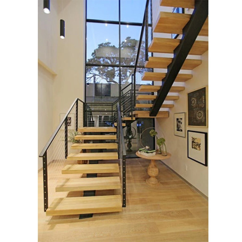 Interior Home Steel Beam Single Stringer Straight Wood Staircase