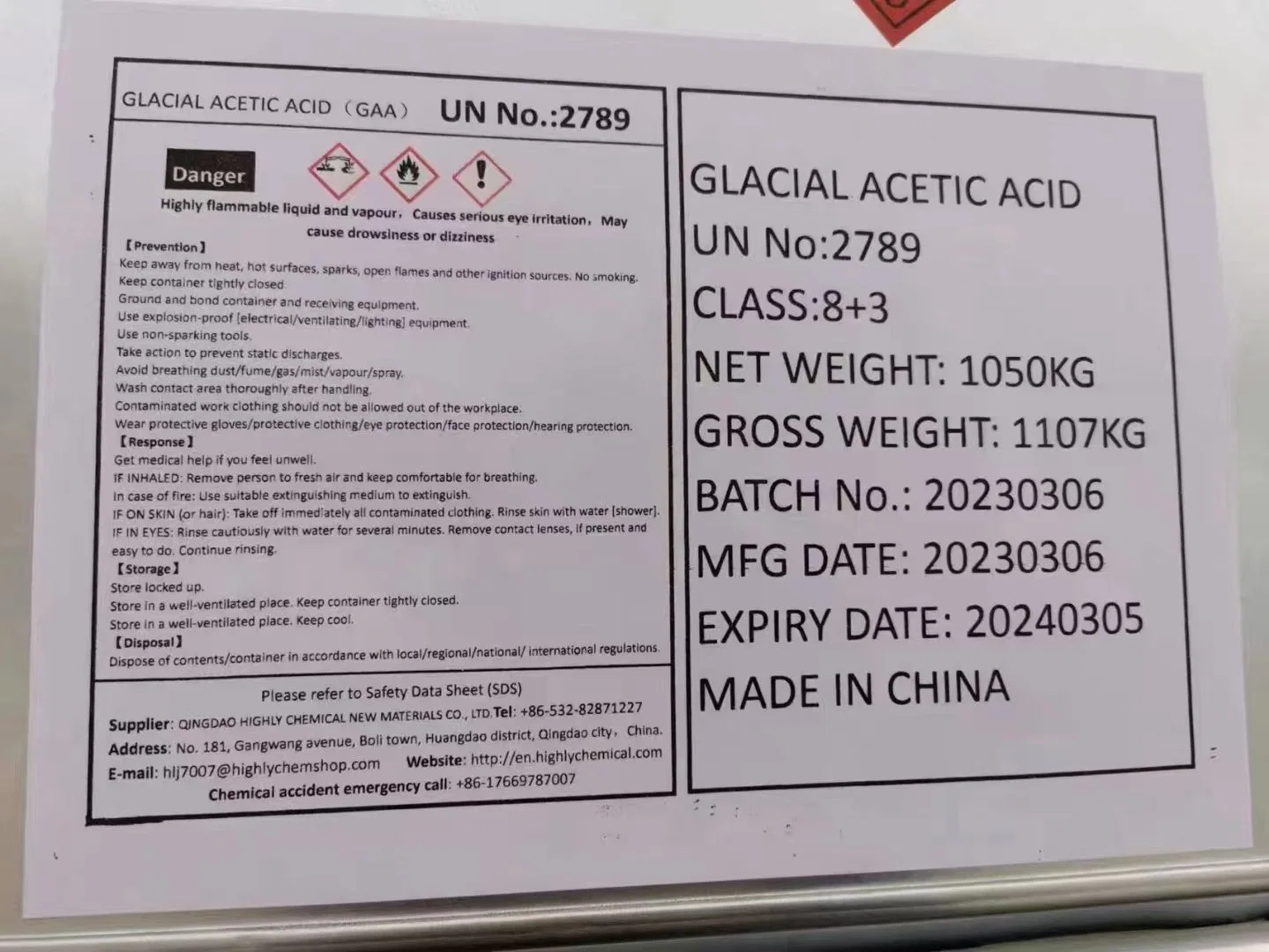 Glacial Acetic Acid Food Grade 99.85% Gaa Supplier Price