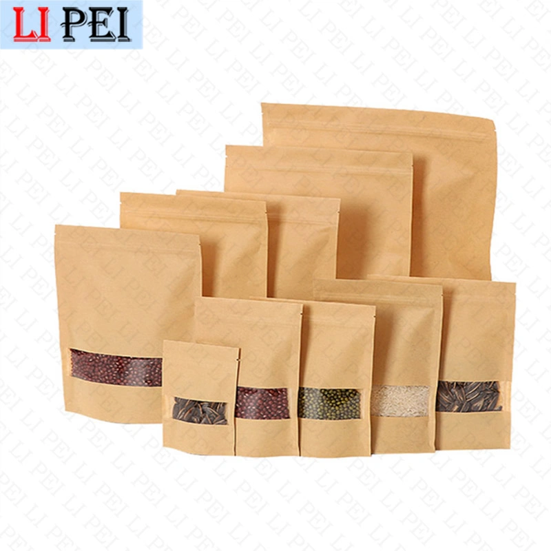 Plain Logo Sticker Ziplock Stand up Brown Craft Kraft Paper Bag with Window for Coffee Snack Nuts