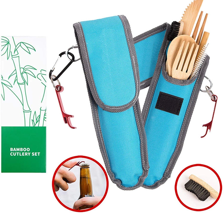 Eco Friendly Bamboo Fork Knife Spoon Straw Biodegradable Travel Utensil Set Pouch Bamboo Cutlery Set