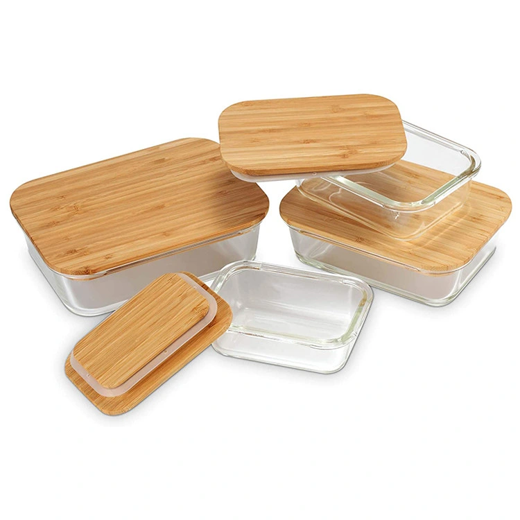 Sin BPA Airtight congelador horno Comida segura vidrio Contenedores de almacenamiento de alimentos de preparación para el almuerzo el Bento Box Set con tapas de bambú