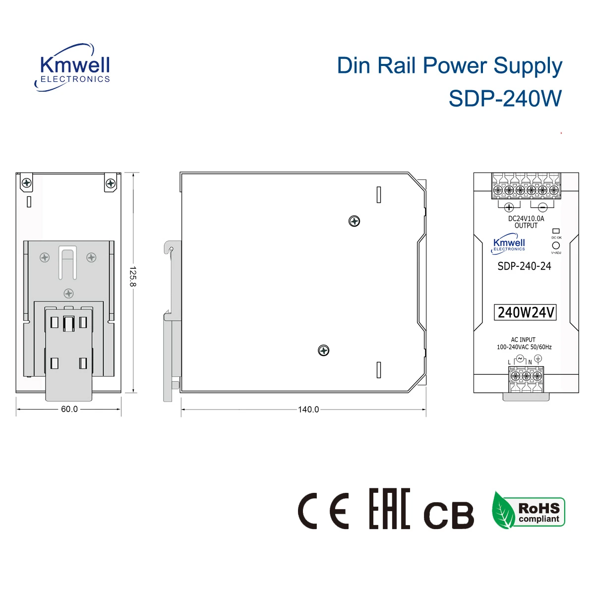 Construido en el SDP-240-24 Pfc Industrial de la tensión de entrada universal de alimentación del interruptor de carril DIN con CE CB Eac RoHS