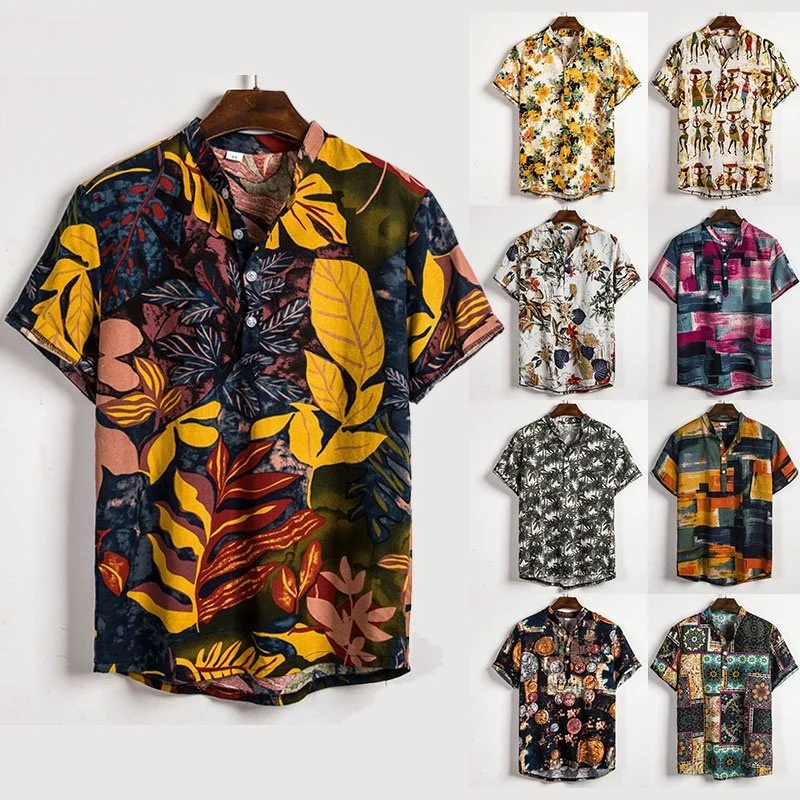 Men's Summer Short Sleeve Floral Shirts Casual Beach Stand Collar Cotton Printed Plus Size Shirts