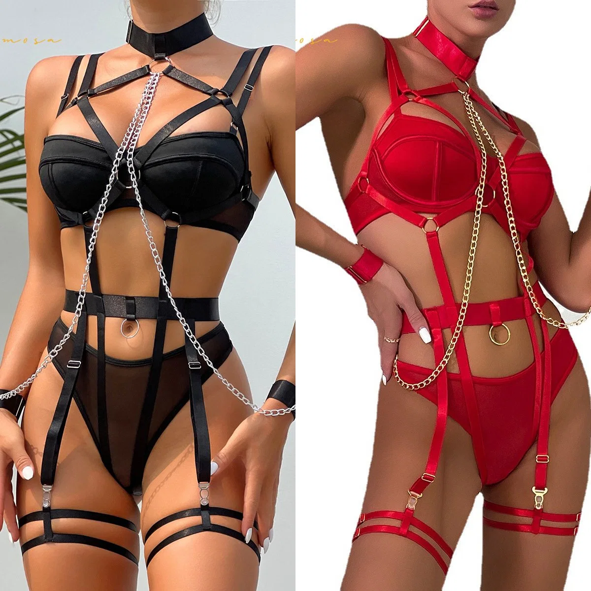 Sexy Underwear Seductive Sexy Role Play Chain Four-Piece Set Women Sexy Lingerie Black and Red Color See-Through Clothing She in Oln0739