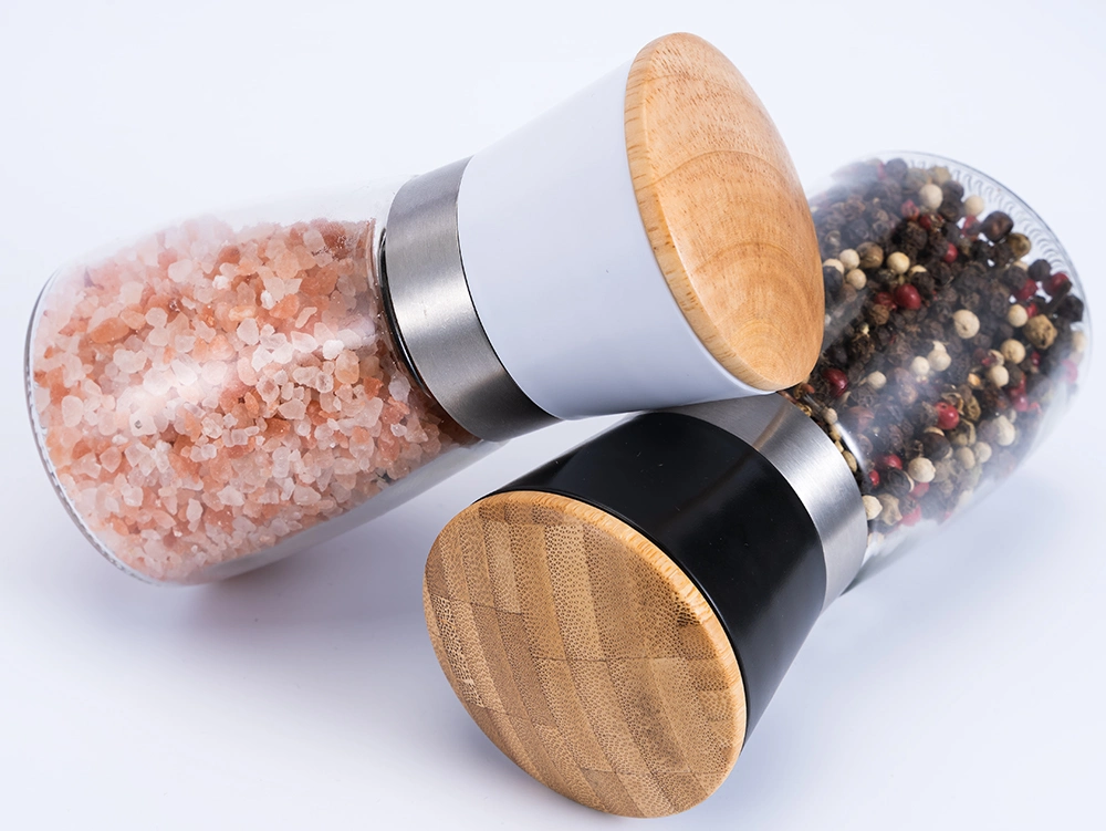 Bamboo Lid Glass Bottle Spice Mill 2PCS Salt Pepper Grinder Set