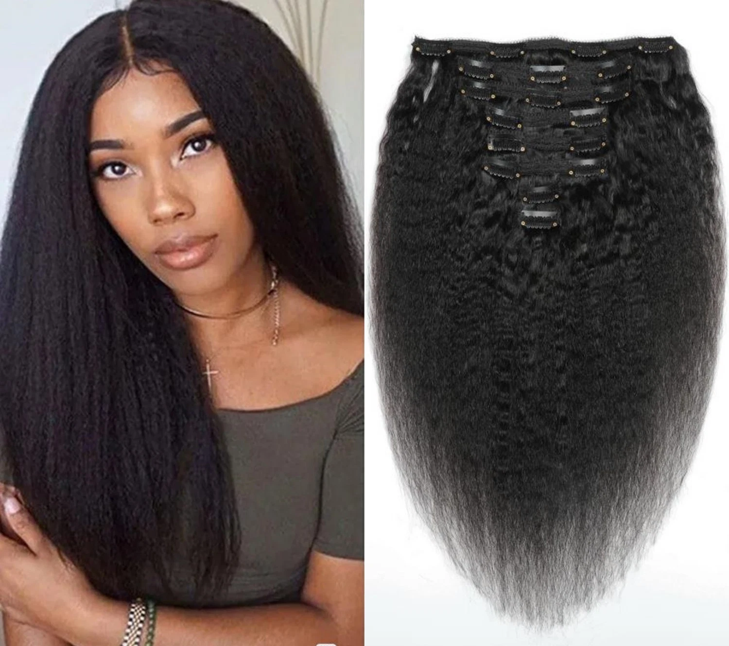 Kinky Straight Clip in Human Hair Extensions Yaki Brazilian Remy Hair