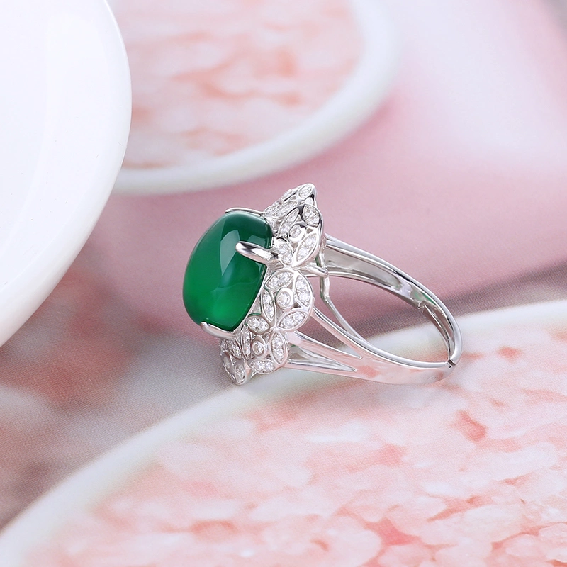 Joyas de Plata de lujo elegante Anillo de piedra de gran tamaño ajustable en la joyería de jade para Cóctel