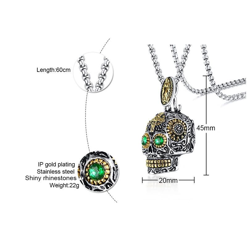 Titanium Steel Punk Style Ghost Head Pendant Men's Fashion Accessories Green Eyes Gold Skull Pendant