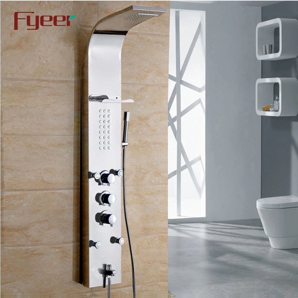 Fyeer Modern Wall Column Stainless Steel Thermostatic Shower Panel with Metal Shelf