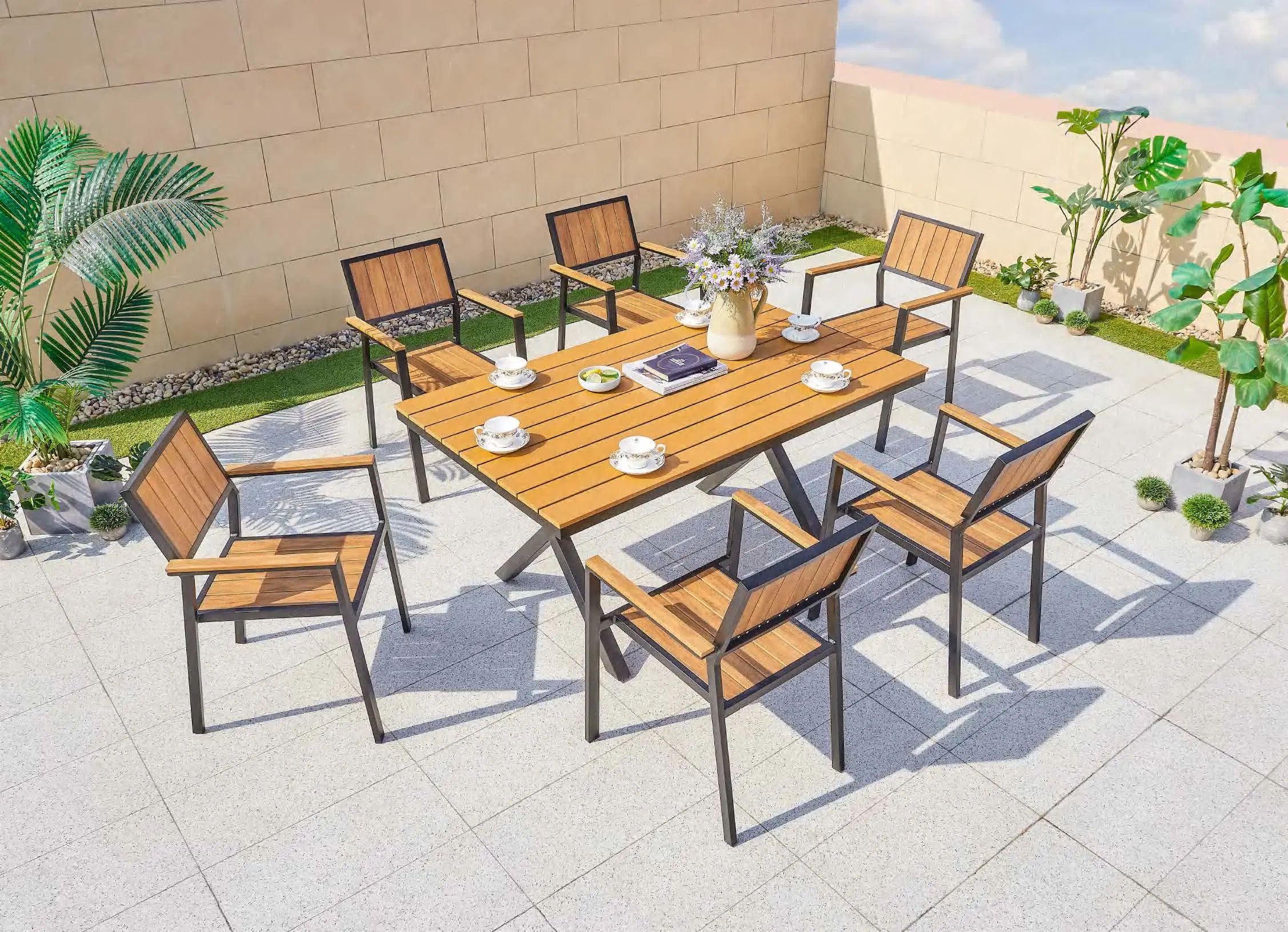 Outdoor Plastic Wood Table and Chair Household Table and Chair Balcony Courtyard Leisure Iron Art Tea Table Coffee Shop to Negotiate Furniture Combination