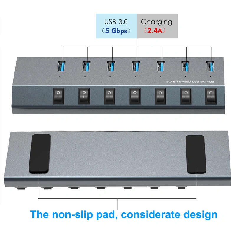 Vertikaler USB 3,0-Hub aus Aluminium mit 7 Anschlüssen und individueller ein-/Ausschaltung Switch USB Splitter Adapter Kabel Schnellladung 20V/4A
