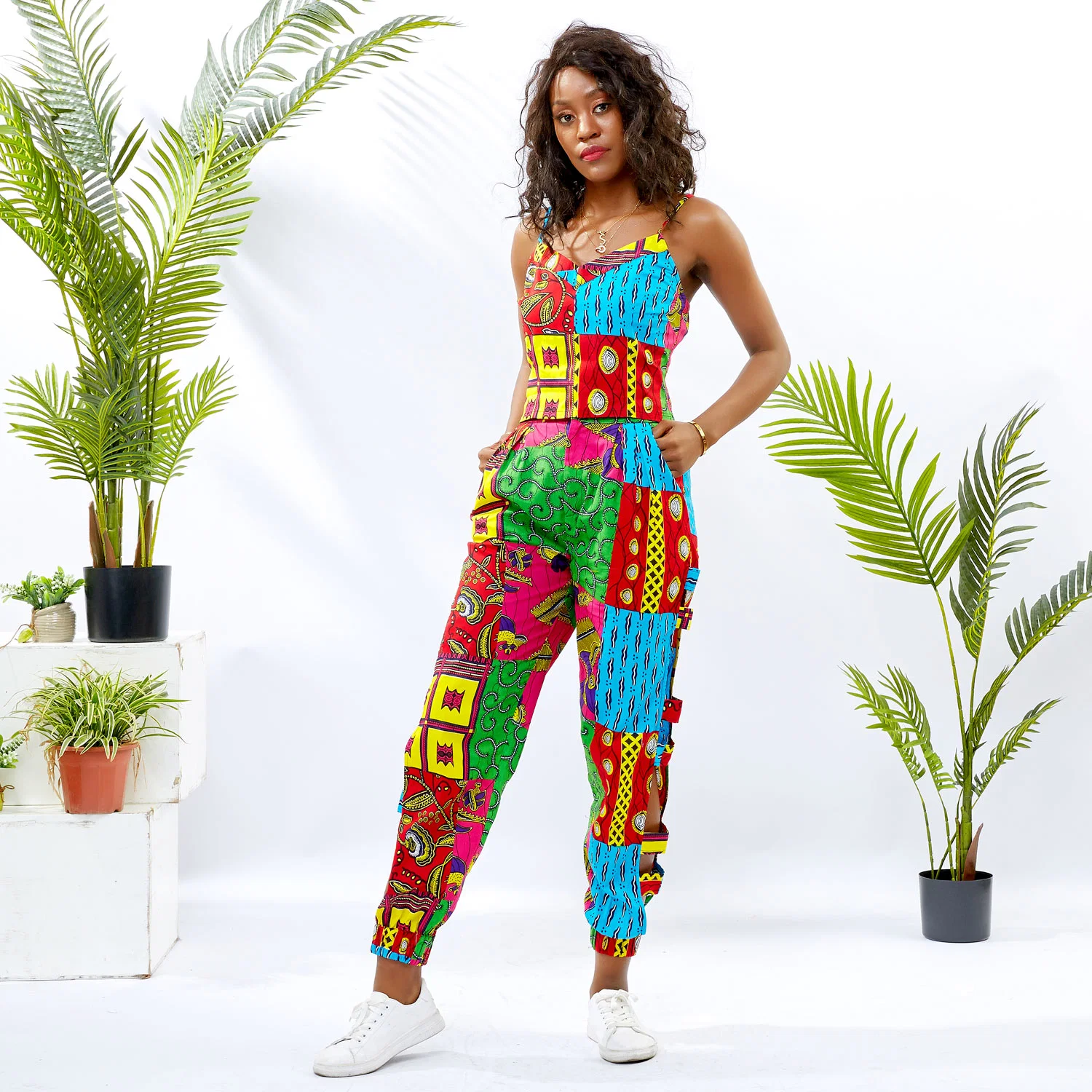 2021 Summer High-Quality Pure Cotton African Women Set Sleeveless Top and Side Hollow out Pants 2 Pieces Suts