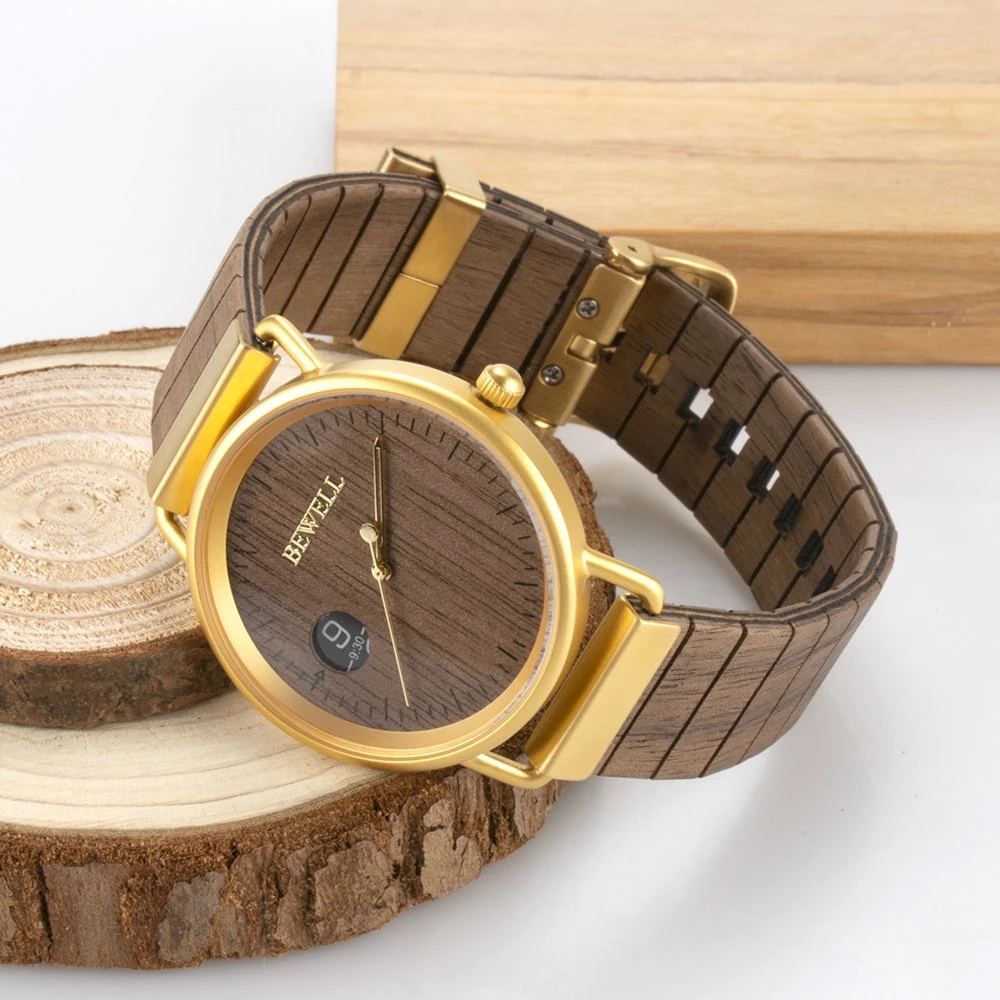 Fashion Design Wooden Watch IP Gold kombinieren mit Natual Schwarz Walnut 3ATM Wasserdicht