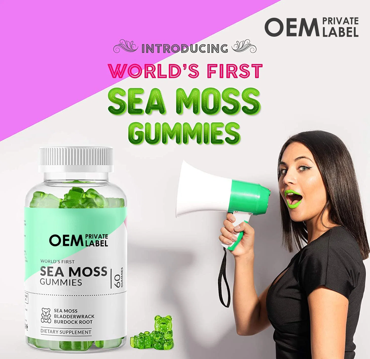 OEM Private Label World's First Sea Moss Gummies Green Bear Shape Weight Loss Skin Care Immune System, Skin, Energy & Digestion