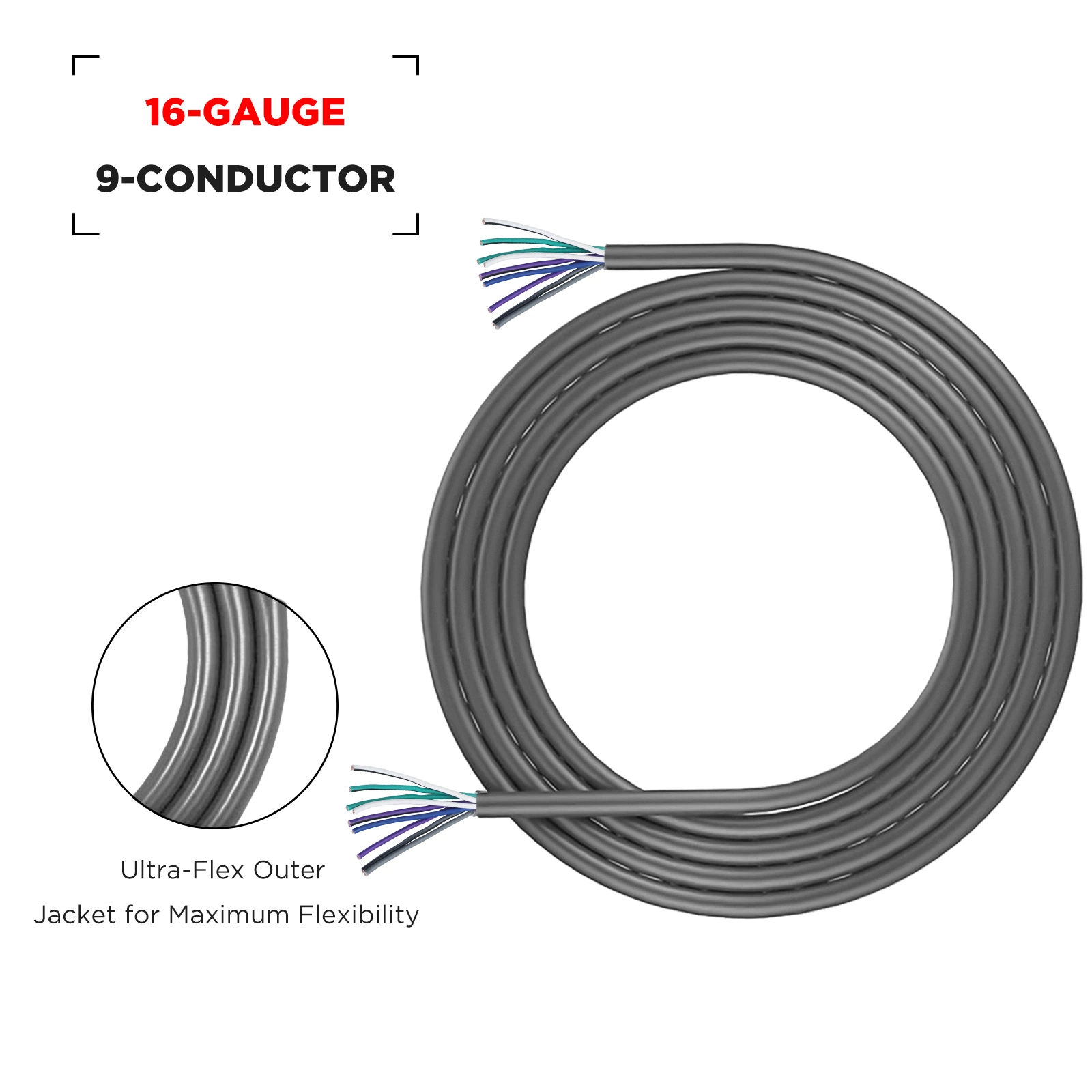 Cabo de altifalante Edge Sw9c16-20 20-Feet 9-Conductor, 16AWG Pure OFC, revestimento de Peel Ultra-Flex e Easy, fio de coluna de 4 canais e fio remoto