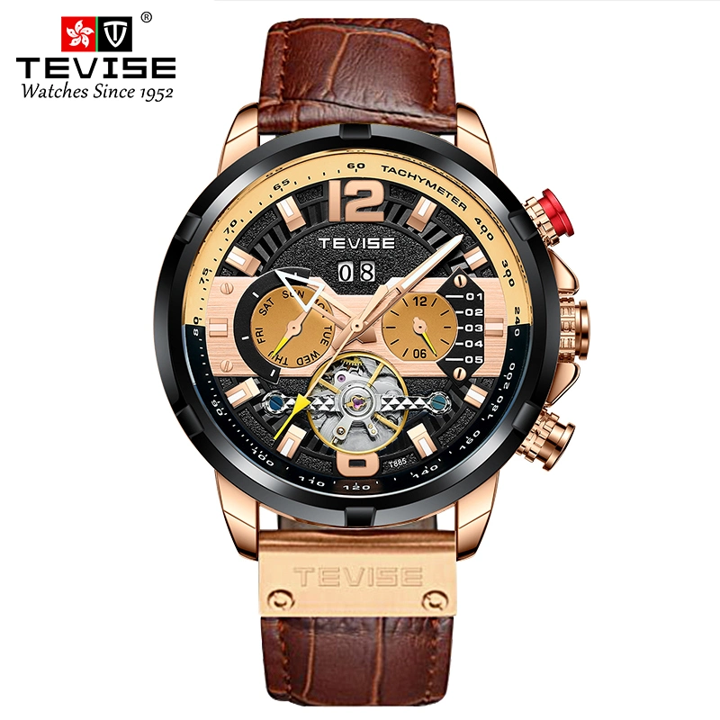 Tevise Men Watch Elegant Brand Famous Luxury Quartz Rose Gold Watches Male Leather Butterfly