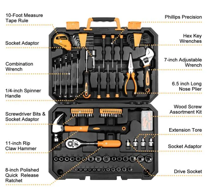 128 частей прибора Set-General домашнего комплекта ручного инструмента, автоматический набор инструментов для ремонта, с пластмассовой инструментальный ящик для хранения