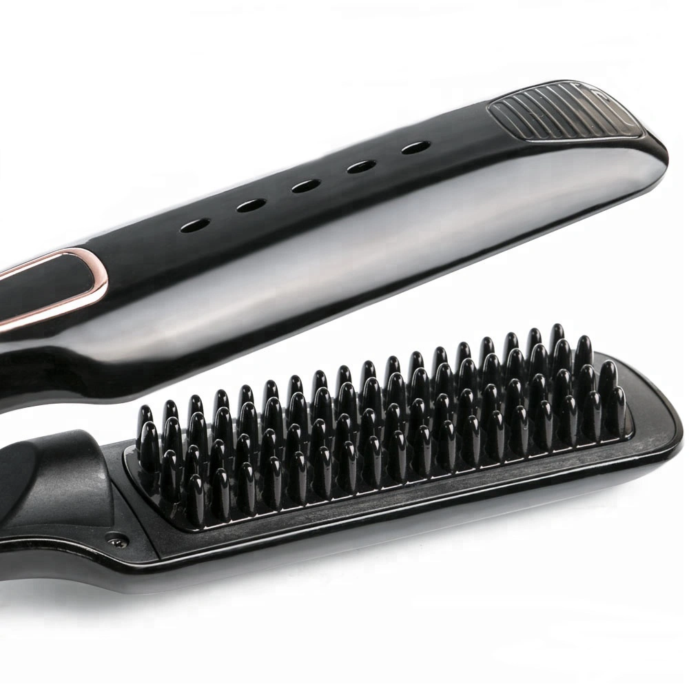 2 en 1 Electric Plancha de pelo natural de la pantalla de cerámica infrarrojos Peine moldeador de rodillos para alisar el cabello cepillo plancha caliente