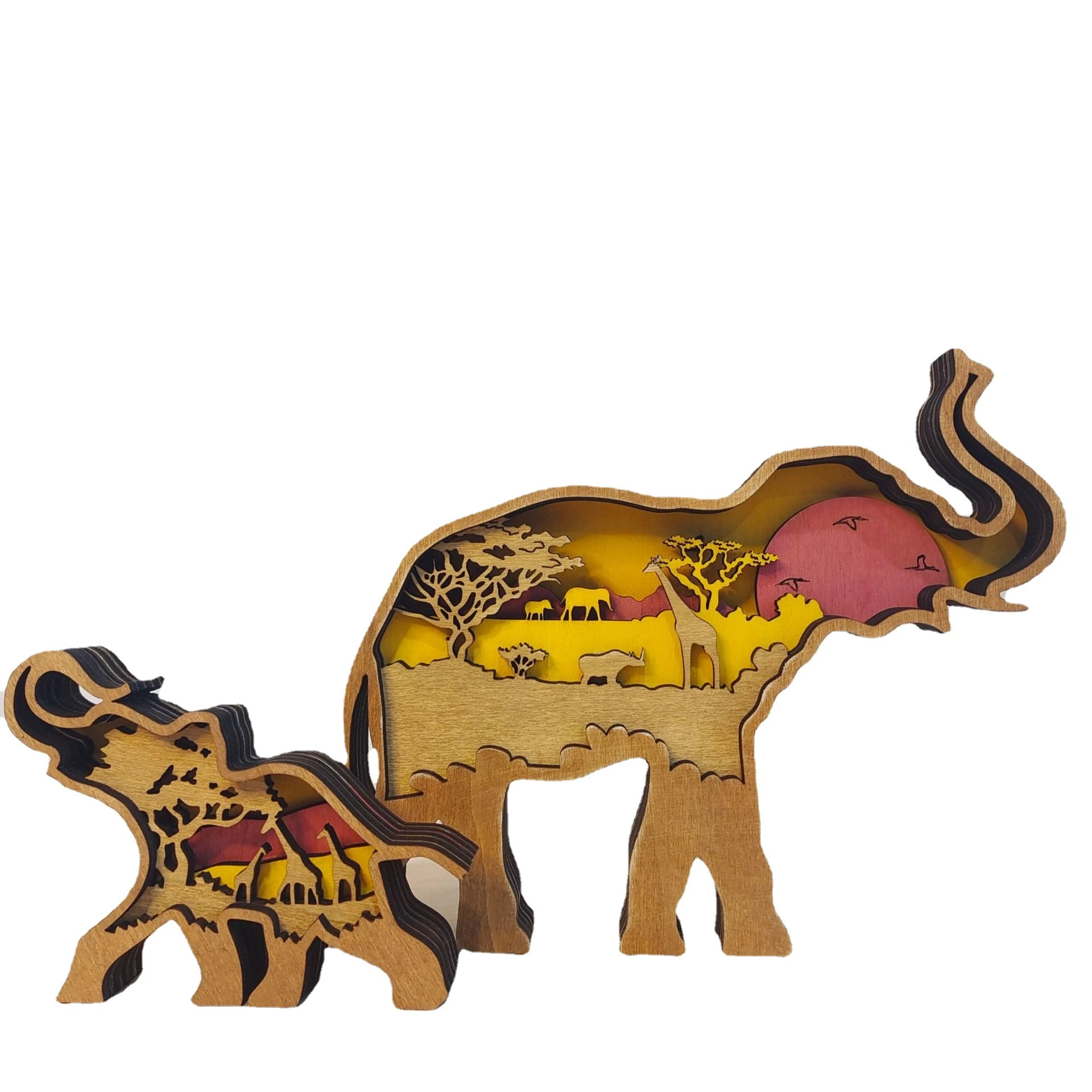 Wooden Carving Elephant Crafts Creative Gifts Home Decoration Elephant Parent-Child Desktop Ornaments