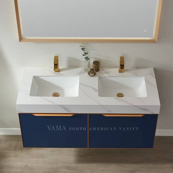 Vama 48 Inch Custom Made Hot Selling Stainless Steel Frame Wall Mounted Classic Blue Lacquer Double Sinks Bathroom Furniture B01448m