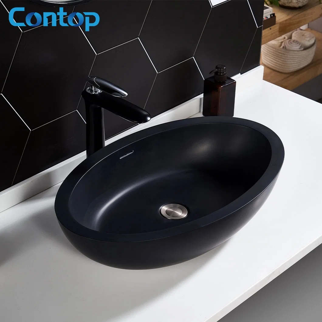 Watermark Black Color Glazed Ceramic Counter Top Art Wash Basin Oval Bowl