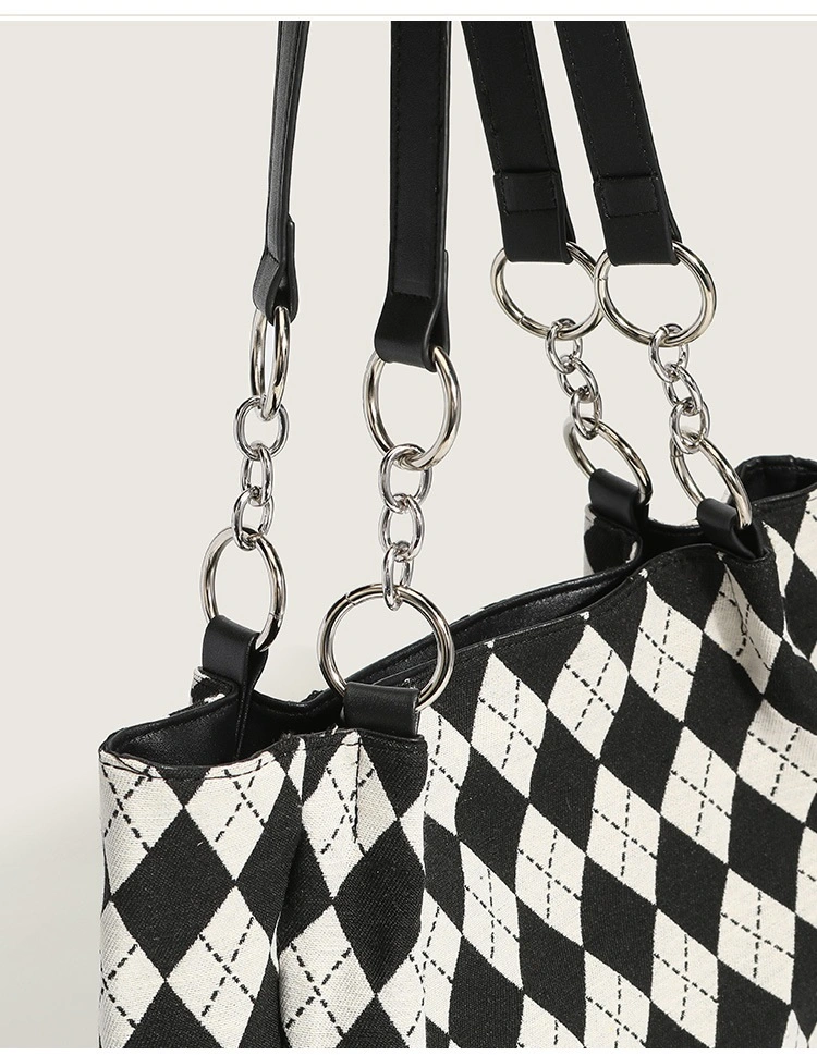 Classical Black White Geometric Pattern Women's Bag Large Shoulder Bag Soft Knit Checkered Tote Handbag with Half Chain PU Leather Handle