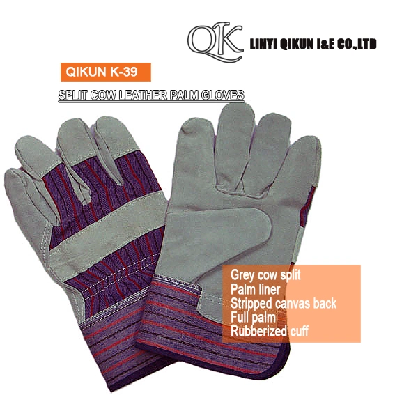 K-37 Gris Split Cow Palma completa Liner pegado Cuff Canvas Guantes de seguridad de cuero para trabajar