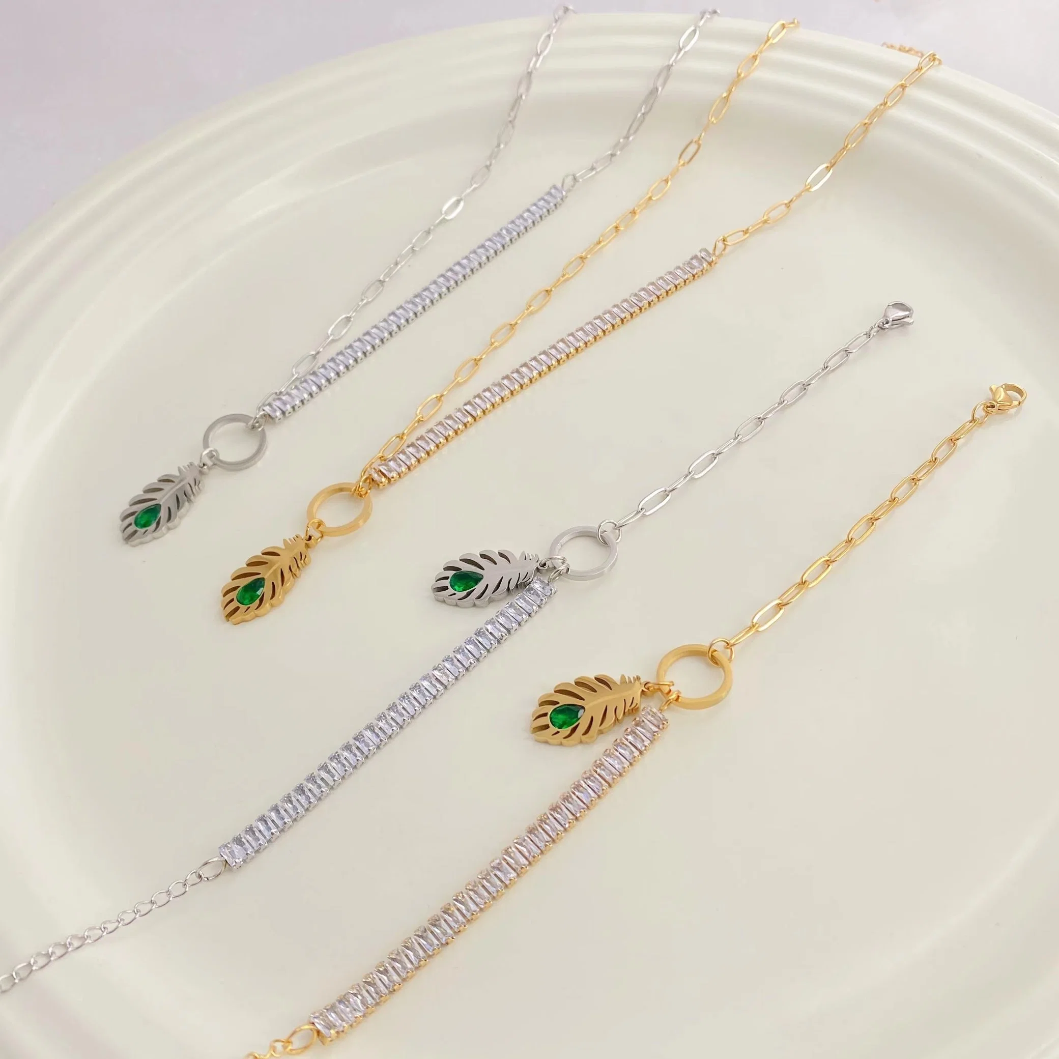 Bijoux mode acier inoxydable forme feuille collier Bracelet bijoux ensemble pour Mesdames