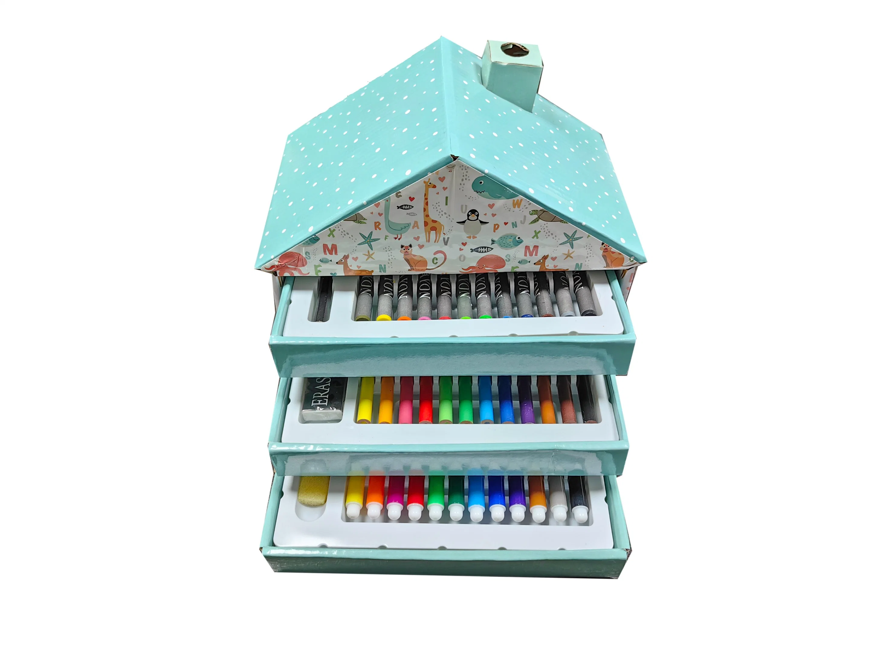 Casa tres capas con cajón niños conjunto de colorear con crayones, marcadores Color papel Caja de artículos de escritorio promocional para niños