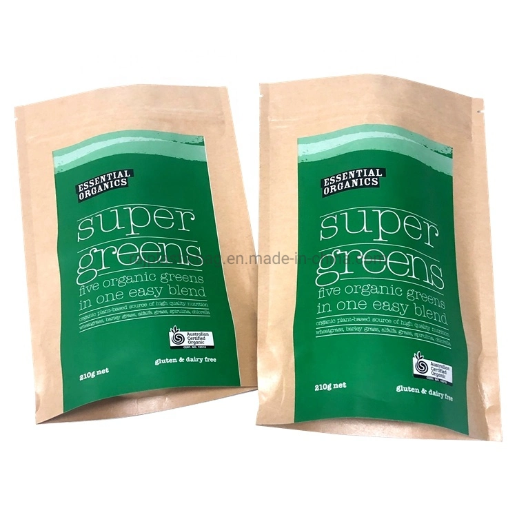 Hot Sale Organic Natural Health Powder Seeds Mix Bags Kraft Paper Packaging Pouch for Super Greens