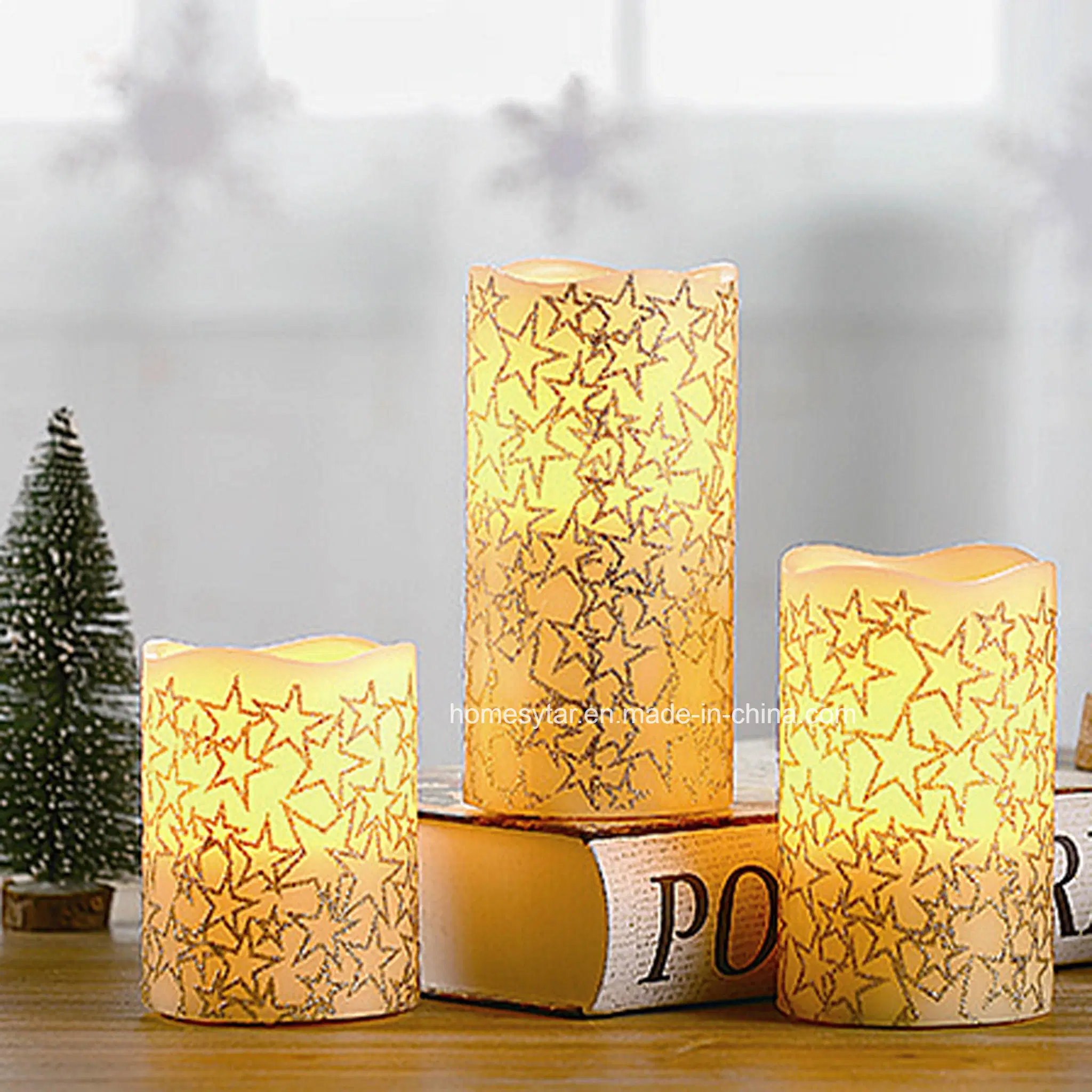 Juego de 3 estrella brillante LED decorativas velas de Navidad la luz, sin Flama verdadera luz de velas de cera con el Bling Bling