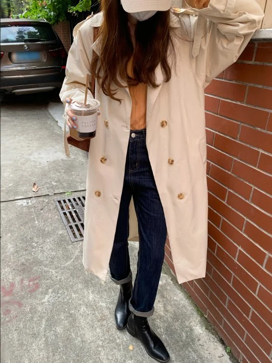 Spring Fall New Design Ladies Long Coat Classic Beige Trench Coat Women Waist Band Slim Loose Fit