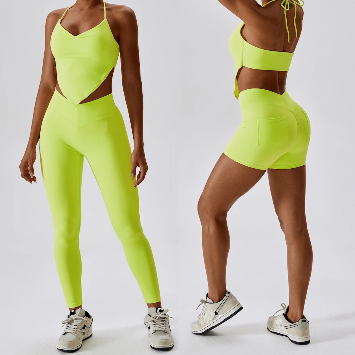 Großhandel Neue Fancy Backless Athletic Bekleidung mit Gesäßtaschen, Schnürung Workout BH + Scrunch Yoga Shorts + Running Leggings Damen Sommer Activewear-Sets