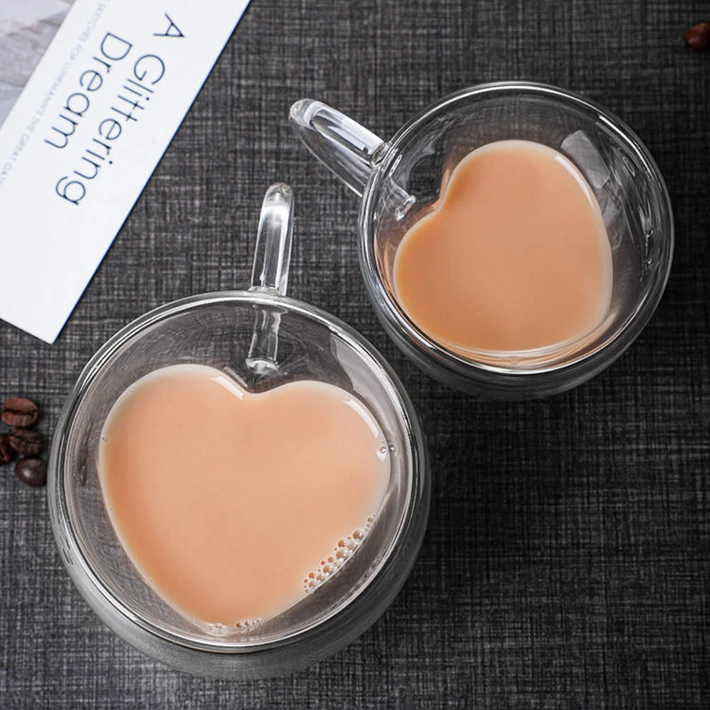 Wholesale/Supplier 250ml Heart Shaped Glass Mug Couple Cups Double Wall High Borosilicate Glass Heat Resistant Tea Coffee Mugs Bar Beer Cup