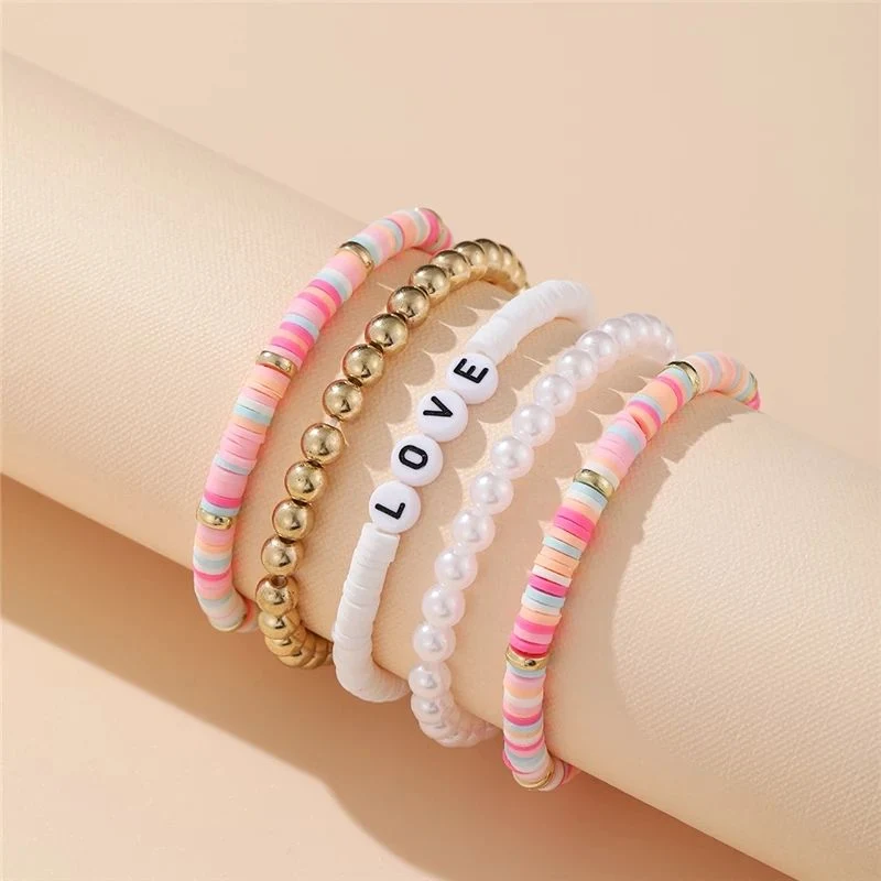 Couples Fashion Letters Pearl Flower Beads Bracelet Wristband Jewelry Gifts