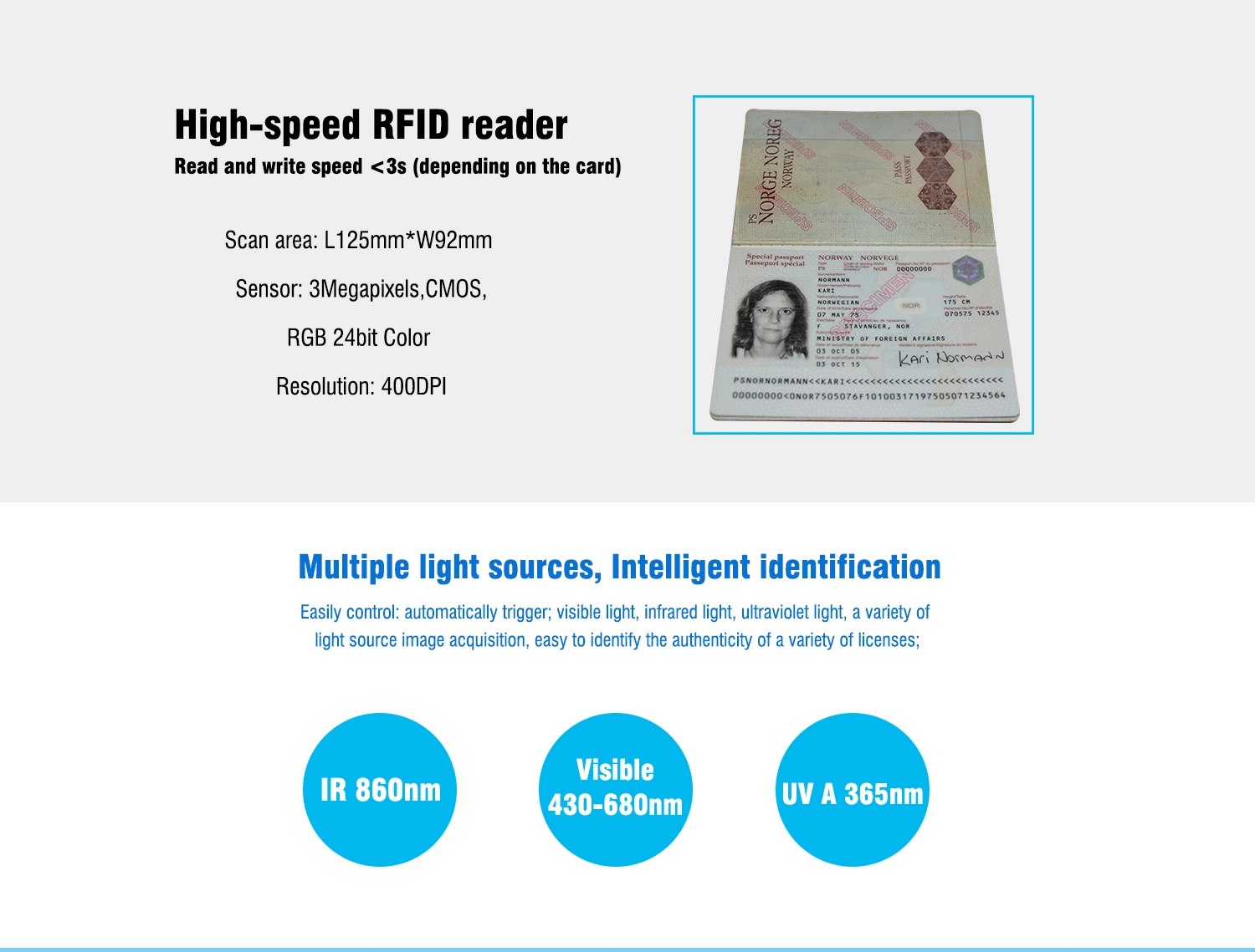 Icao9303 Standard Auto-Trigger OCR-Verarbeitung visuelle IR-UV-Bild Multi-Illumination Billige Passport Reader (PPR100A)