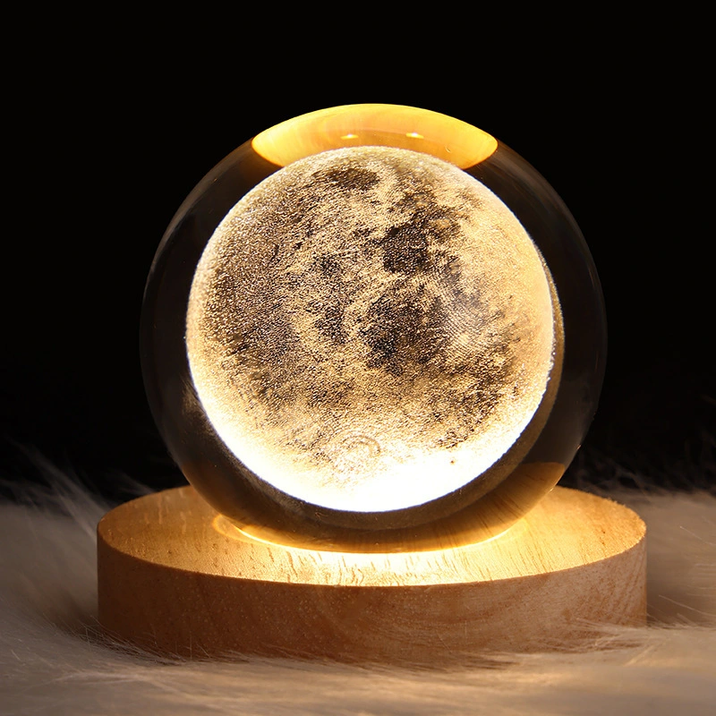 3D Solar System Crystal Ball Night Light with LED Base Wooden for Boys Kids Teens