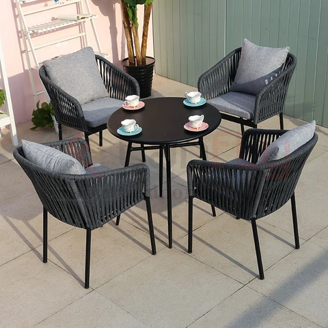 Outdoor 5 Pieces Patio Rope Sofa Chair Table Set with Cushions for Coffee Shop and Restaurant