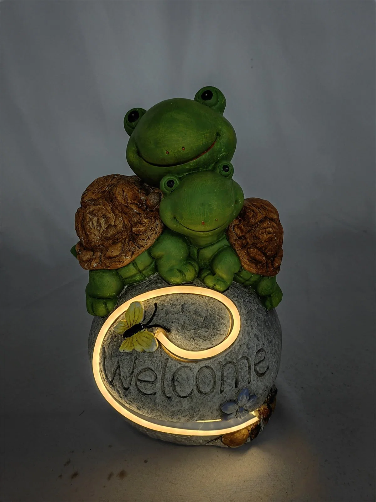 Turtles on Rock with Welcome Sign and Solar LED Light for Garden