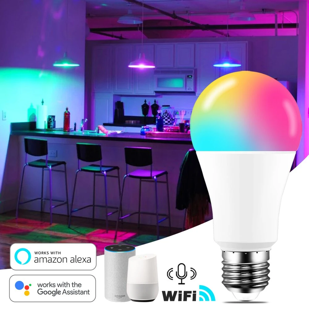 15W WiFi Smart Light Bulb B22 E27 LED RGB Lamp Work with Alexa/Google Home 85-265V RGB+White Dimmable Timer Function Color Bulb