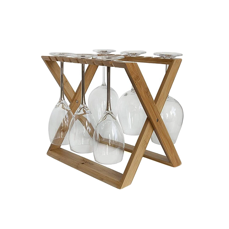 Premium Collapsible Wine Display Holder Wooden Bamboo Tray Table with Glass Hanging Rack