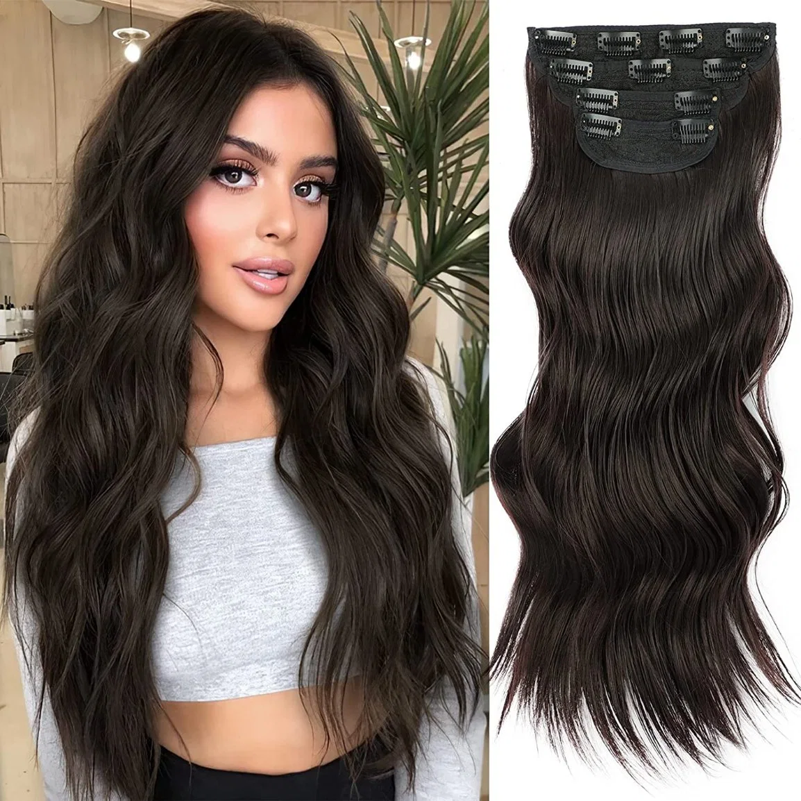 High Quality Long Wavy Black Synthetic Hairpiece 11 Clips 4 Pieces in Hair Extension Cheap Wig