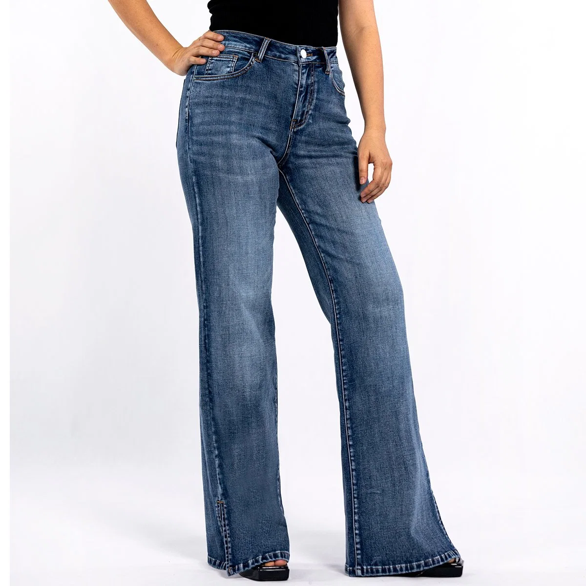 Custom Women Blue Wash Slit - Jeans denim elásticos de pata ancha